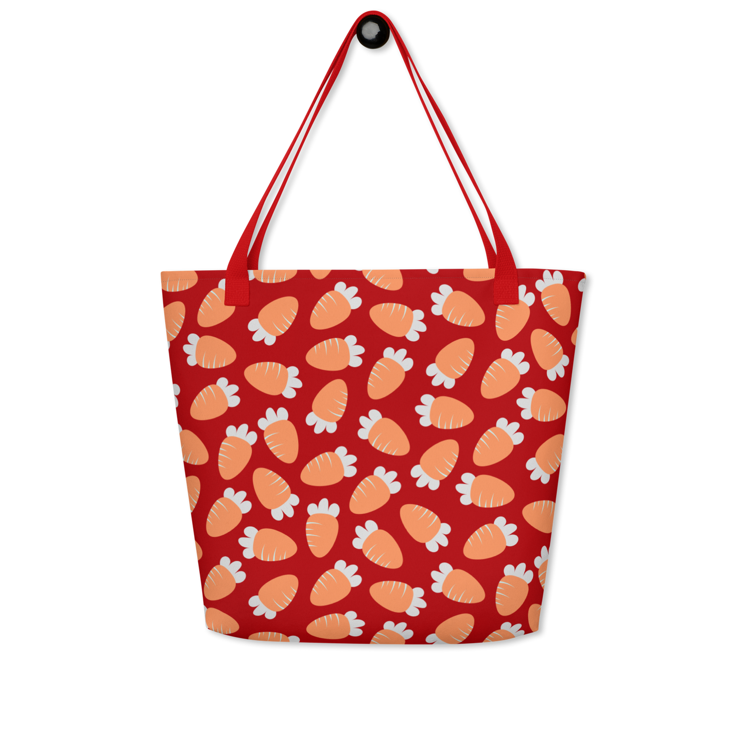 Red tote bag with a playful pattern of orange and white carrots. The bag has red handles, conveying a cheerful and vibrant tone.