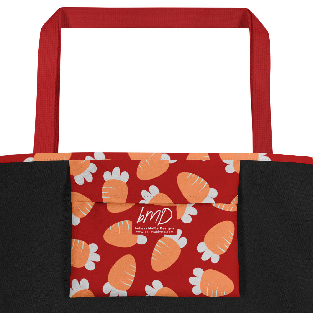 Red tote bag with a playful pattern of orange and white carrots. The bag has red handles, conveying a cheerful and vibrant tone.