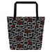Tote bag with black handles, featuring a black background with red and white outlined geometric squares, creating a modern, playful pattern.