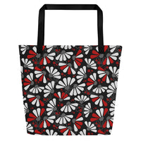Stylish tote bag with black handles, featuring a white, red, and gray abstract coneflowers floral pattern against a black background, conveying a modern and chic vibe.