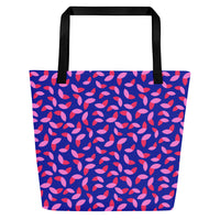 Tote bag with black handles features a vibrant abstract pattern of hot and flamingo pink petals on a dark blue background, conveying a bold and lively tone.