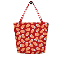 Red tote bag with a playful pattern of orange and white carrots. The bag has red handles, conveying a cheerful and vibrant tone.