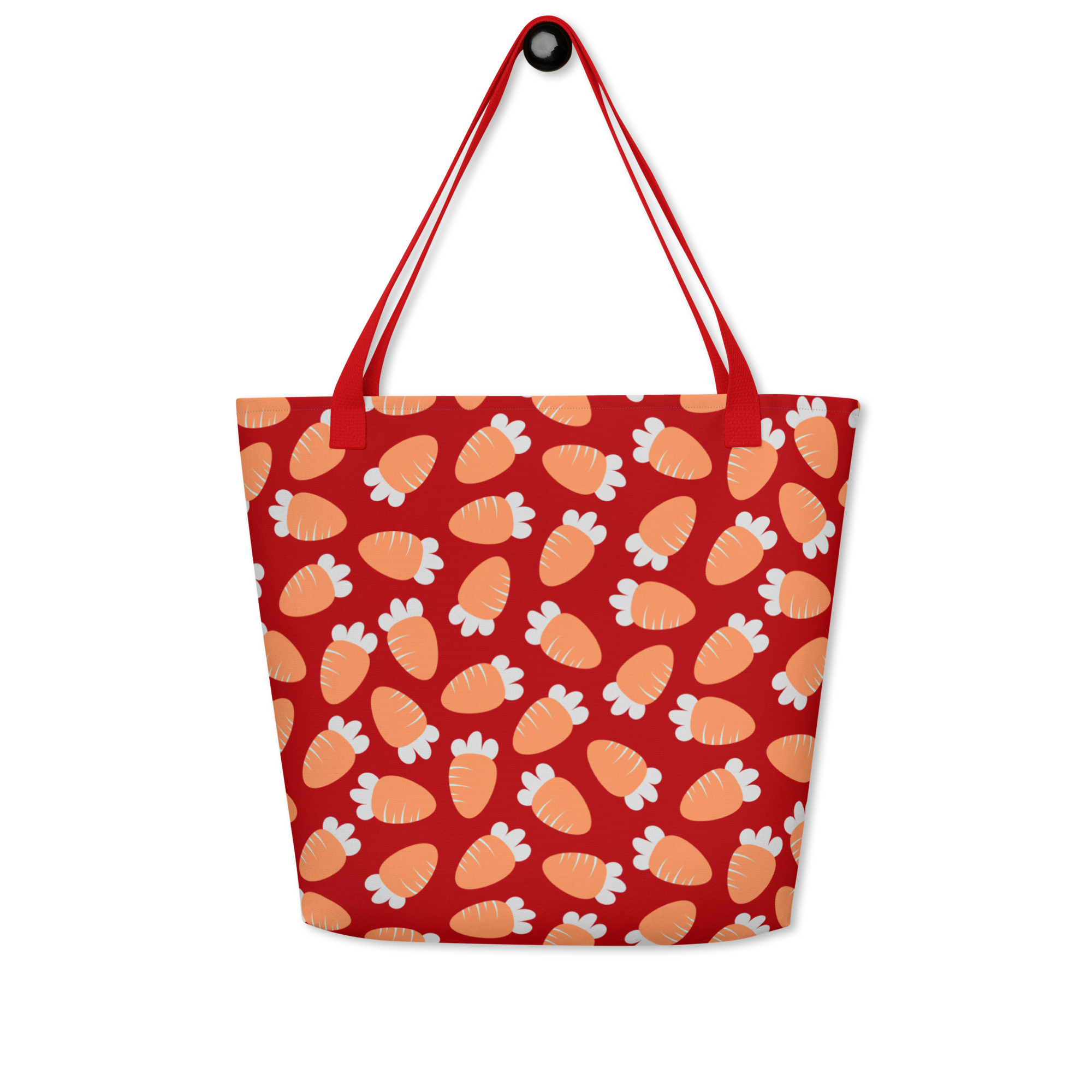 Red tote bag with a playful pattern of orange and white carrots. The bag has red handles, conveying a cheerful and vibrant tone.