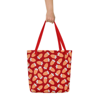 Red tote bag with a playful pattern of orange and white carrots. The bag has red handles, conveying a cheerful and vibrant tone.