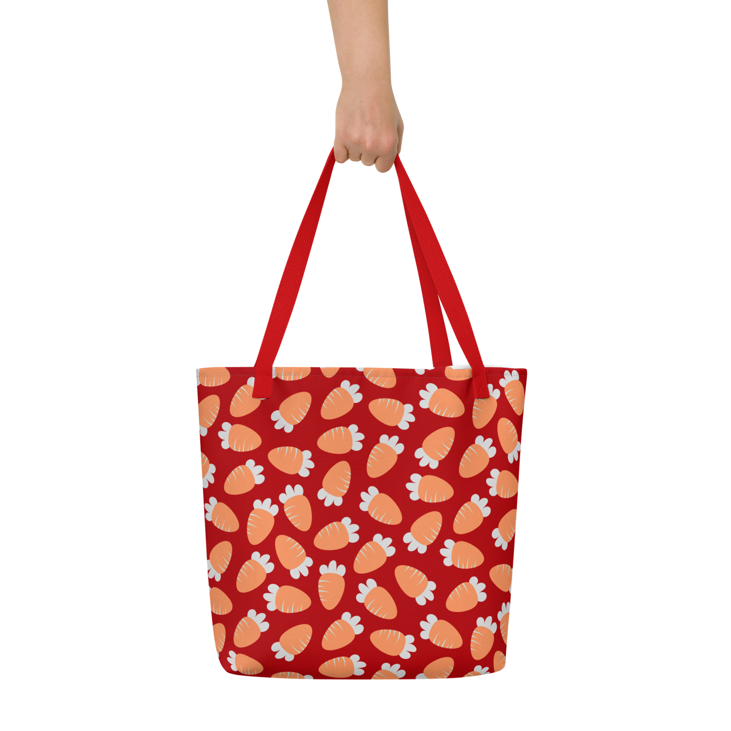 Red tote bag with a playful pattern of orange and white carrots. The bag has red handles, conveying a cheerful and vibrant tone.