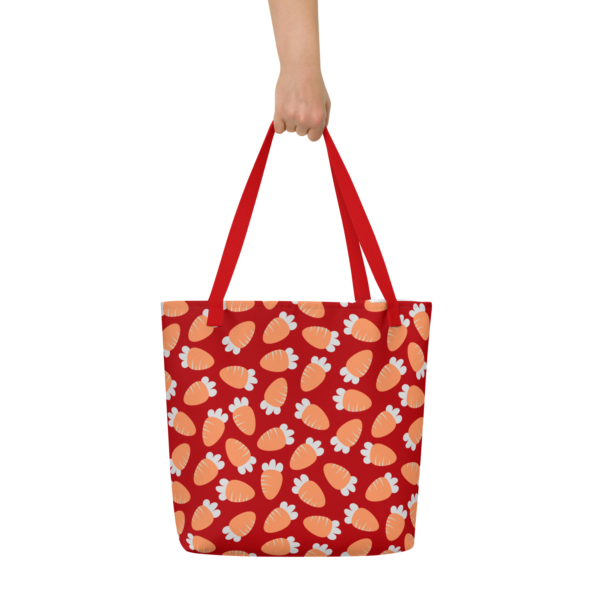 Red tote bag with a playful pattern of orange and white carrots. The bag has red handles, conveying a cheerful and vibrant tone.