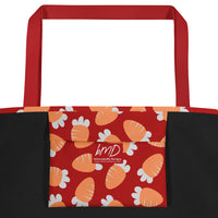 Red tote bag with a playful pattern of orange and white carrots. The bag has red handles, conveying a cheerful and vibrant tone.