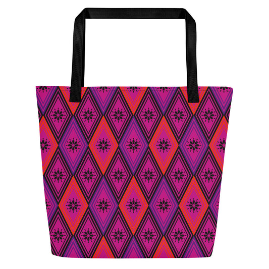 Tote bag with black handles, featuring a vibrant diamond pattern. The design alternates between pink and fuchsia, decorated with black starburst floral motifs.