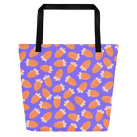 Tote bag with black handles featuring a playful pattern of orange carrots on a vibrant purple background. The design is cheerful and whimsical.