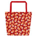 Red tote bag with a playful pattern of orange and white carrots. The bag has red handles, conveying a cheerful and vibrant tone.