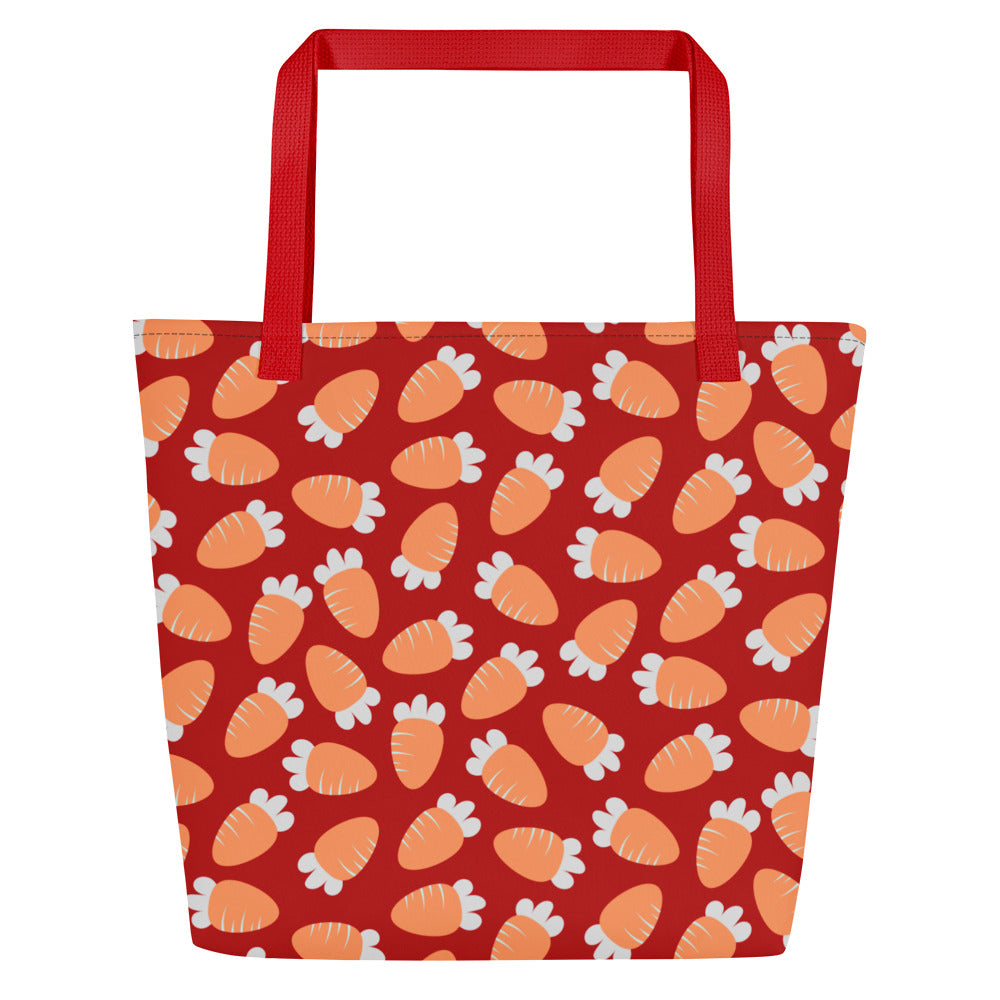 Red tote bag with a playful pattern of orange and white carrots. The bag has red handles, conveying a cheerful and vibrant tone.