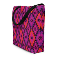 Tote bag with black handles, featuring a vibrant diamond pattern. The design alternates between pink and fuchsia, decorated with black starburst floral motifs.