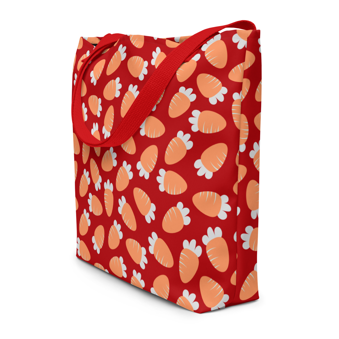 Red tote bag with a playful pattern of orange and white carrots. The bag has red handles, conveying a cheerful and vibrant tone.